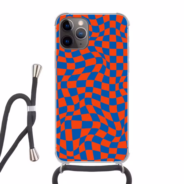 Golvende vakjes - Blauw - Rood - Abstract Hoesje iPhone 12 Pro met koord klein -3d