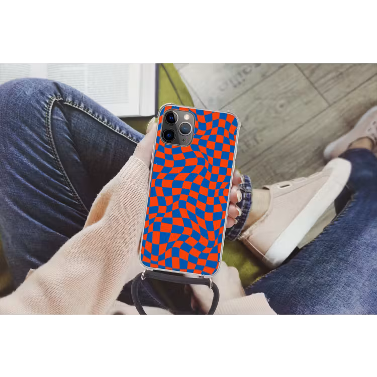 Golvende vakjes - Blauw - Rood - Abstract Hoesje iPhone 12 Pro met koord klein -hand