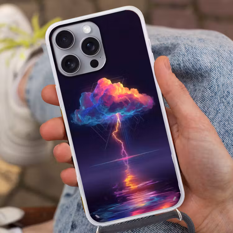 Donderwolk - Bliksemschicht - Licht - Blauw Hoesje iPhone 16 Pro Max met koord klein -sfeer3
