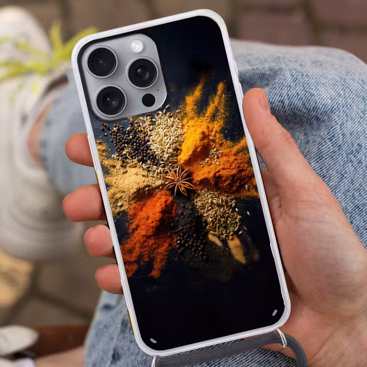 Specerijen - Explosie - Oranje Hoesje iPhone 16 Pro Max met koord klein -sfeer3