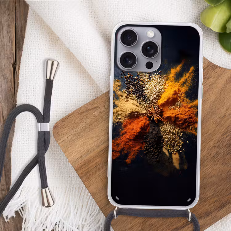 Specerijen - Explosie - Oranje Hoesje iPhone 16 Pro Max met koord klein -sfeer4