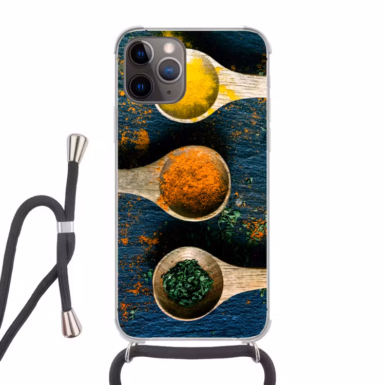 Specerijen - Lepel - Kruiden - Bruin - Geel - Groen Hoesje iPhone 12 Pro met koord klein -3d