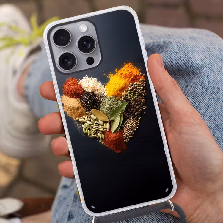 Specerijen - Mix - Hartvorm - Zwart Hoesje iPhone 16 Pro Max met koord klein -sfeer3