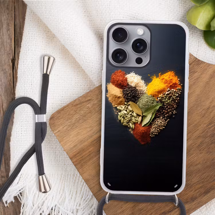 Specerijen - Mix - Hartvorm - Zwart Hoesje iPhone 16 Pro Max met koord klein -sfeer4