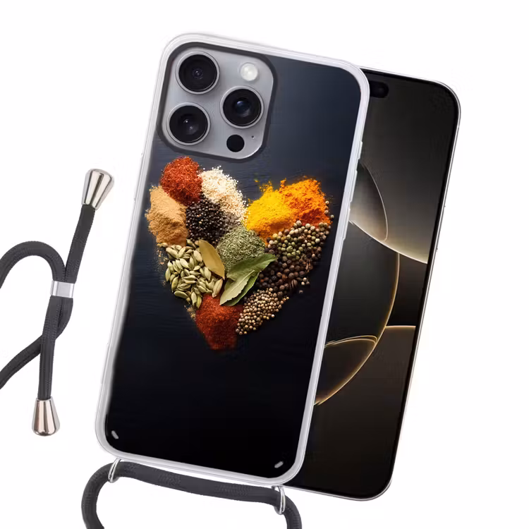 Specerijen - Mix - Hartvorm - Zwart Hoesje iPhone 16 Pro Max met koord klein -sfeer1