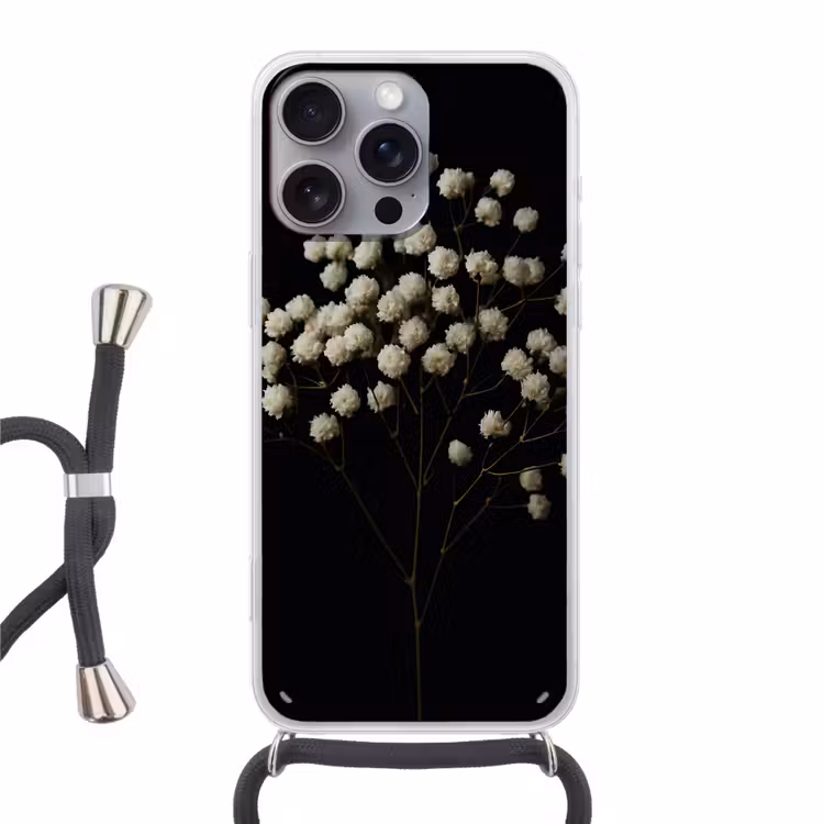 Gipskruid - Bloemetjes - Wit - Minimalistisch Hoesje iPhone 16 Pro Max met koord klein -3d