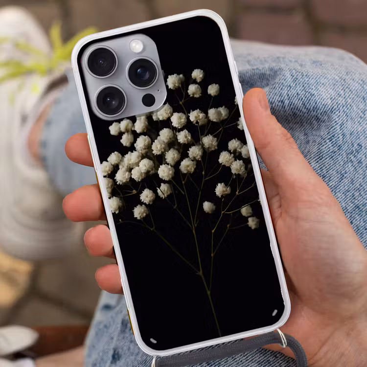 Gipskruid - Bloemetjes - Wit - Minimalistisch Hoesje iPhone 16 Pro Max met koord klein -sfeer3