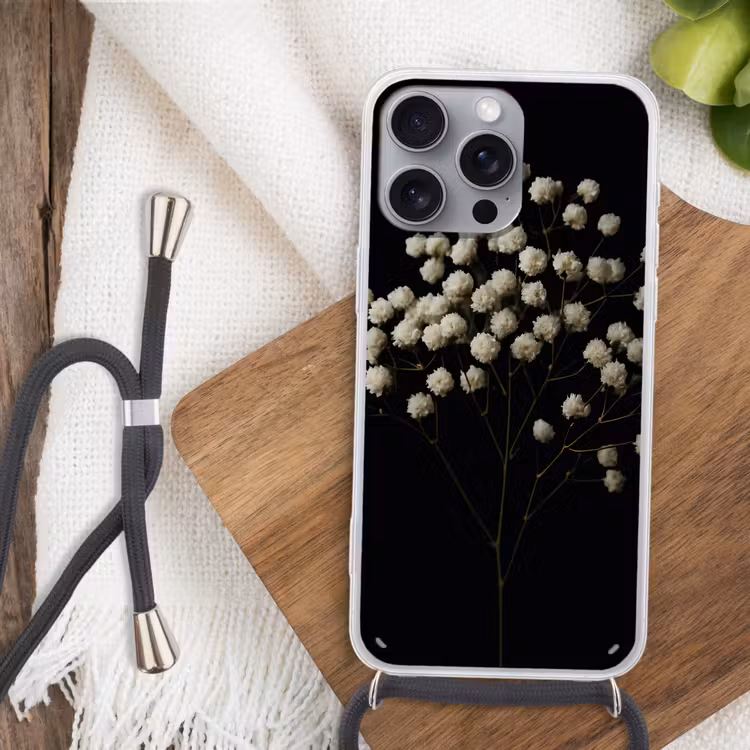 Gipskruid - Bloemetjes - Wit - Minimalistisch Hoesje iPhone 16 Pro Max met koord klein -sfeer4