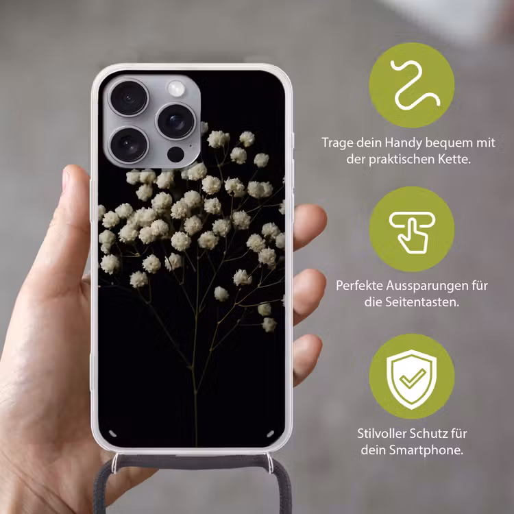 Gipskruid - Bloemetjes - Wit - Minimalistisch Hoesje iPhone 16 Pro Max met koord klein -sfeer2_DE