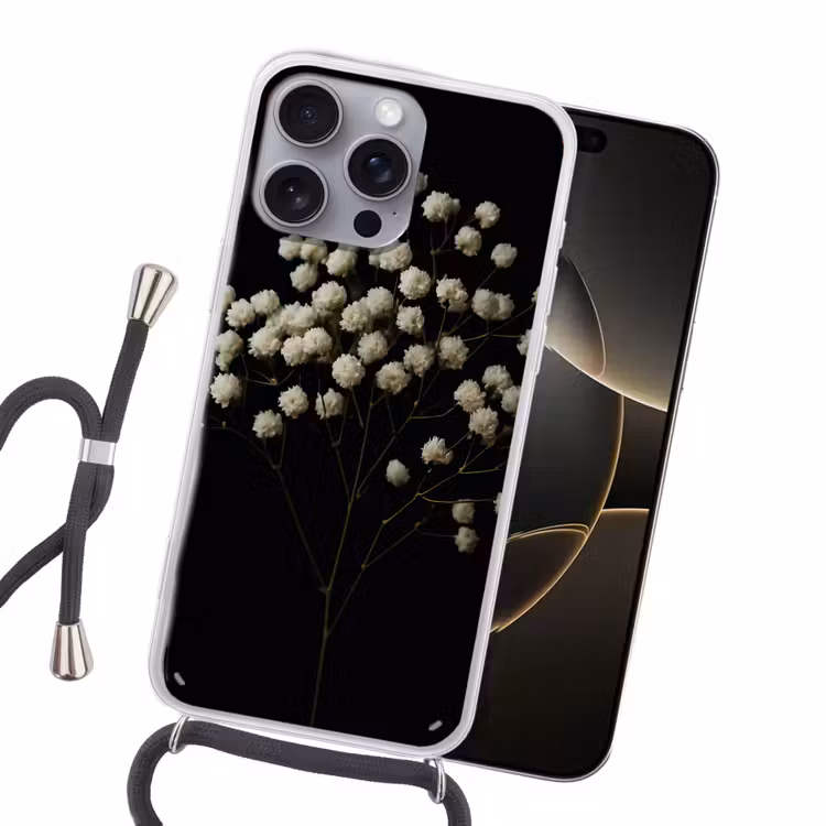 Gipskruid - Bloemetjes - Wit - Minimalistisch Hoesje iPhone 16 Pro Max met koord klein -sfeer1