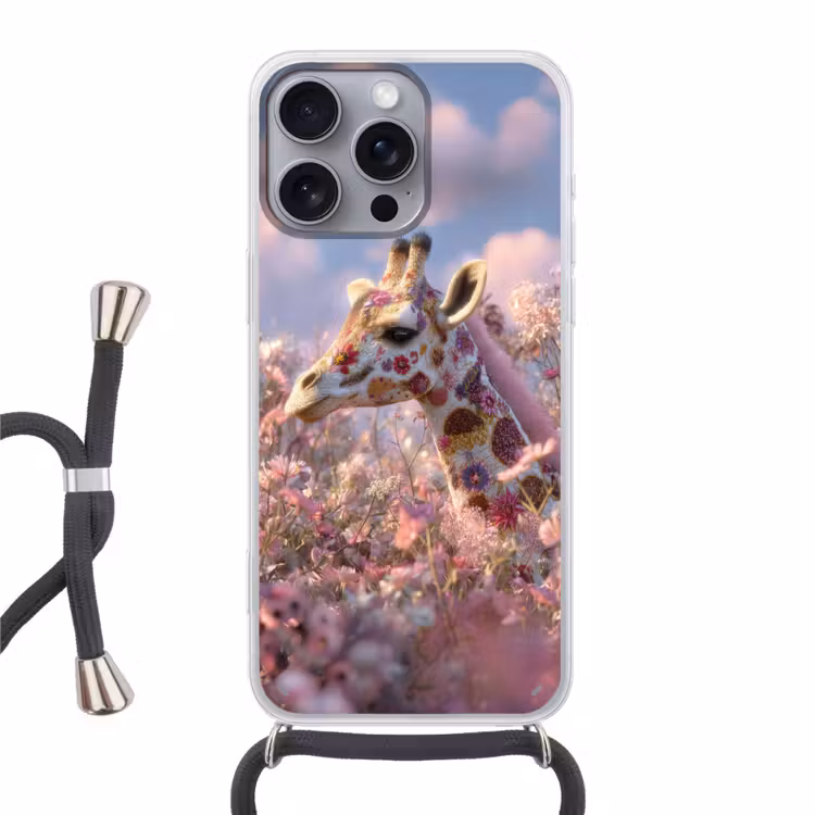 Giraffe - Bloemen - Roze Hoesje iPhone 16 Pro Max met koord klein -3d