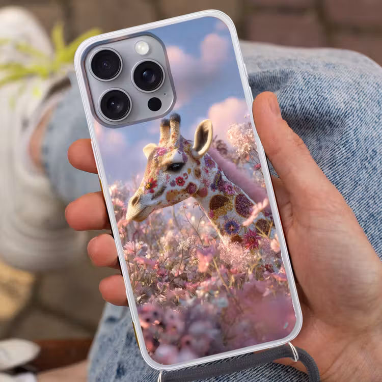 Giraffe - Bloemen - Roze Hoesje iPhone 16 Pro Max met koord klein -sfeer3