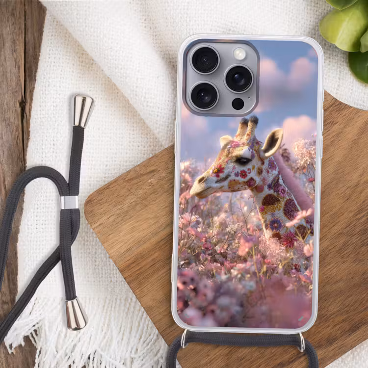 Giraffe - Bloemen - Roze Hoesje iPhone 16 Pro Max met koord klein -sfeer4