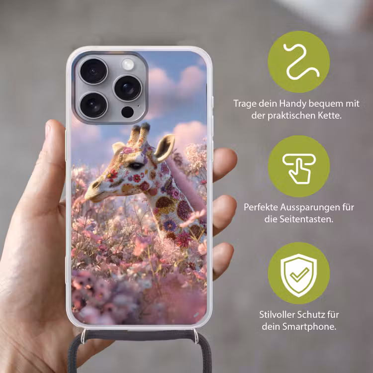 Giraffe - Bloemen - Roze Hoesje iPhone 16 Pro Max met koord klein -sfeer2_DE