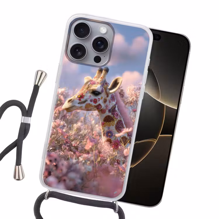 Giraffe - Bloemen - Roze Hoesje iPhone 16 Pro Max met koord klein -sfeer1