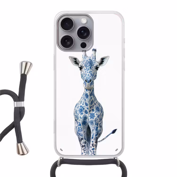 Giraffe - Delfts blauw - Dieren - Minimalistisch Hoesje iPhone 16 Pro Max met koord klein -3d