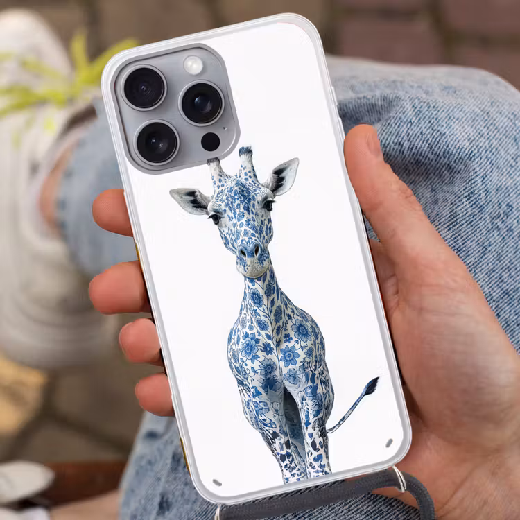 Giraffe - Delfts blauw - Dieren - Minimalistisch Hoesje iPhone 16 Pro Max met koord klein -sfeer3