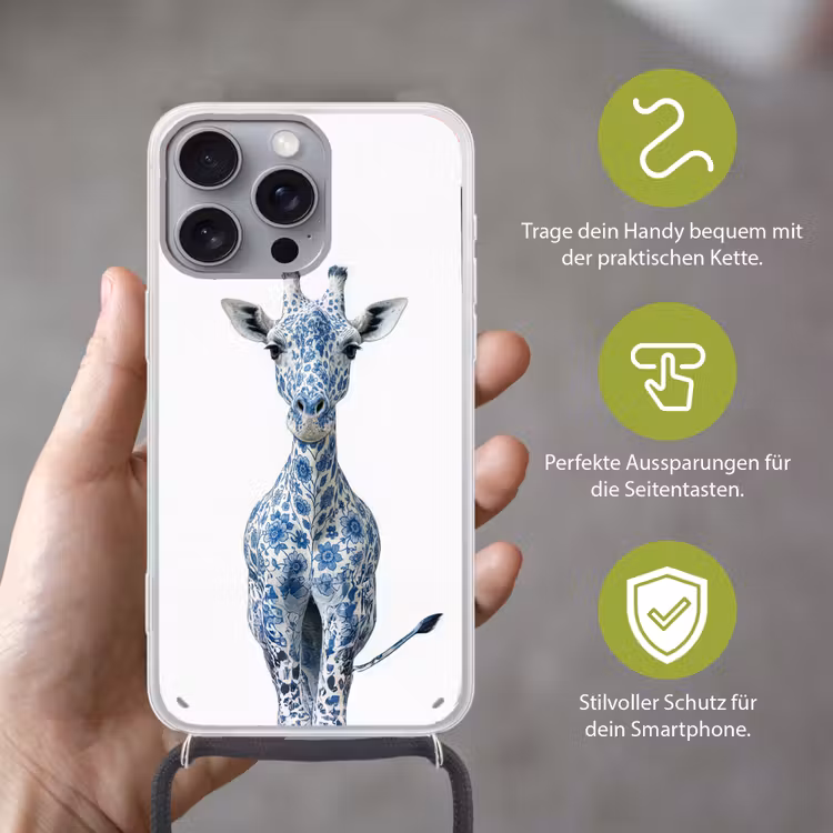 Giraffe - Delfts blauw - Dieren - Minimalistisch Hoesje iPhone 16 Pro Max met koord klein -sfeer2_DE