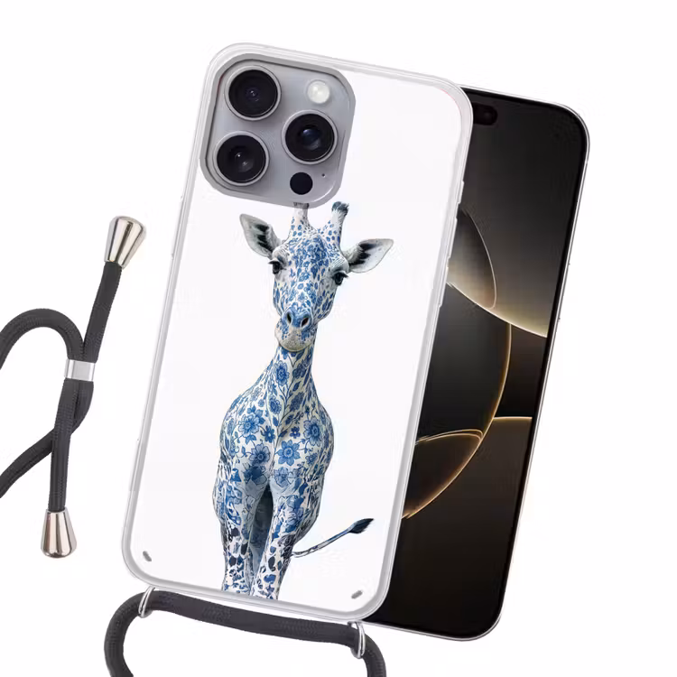 Giraffe - Delfts blauw - Dieren - Minimalistisch Hoesje iPhone 16 Pro Max met koord klein -sfeer1