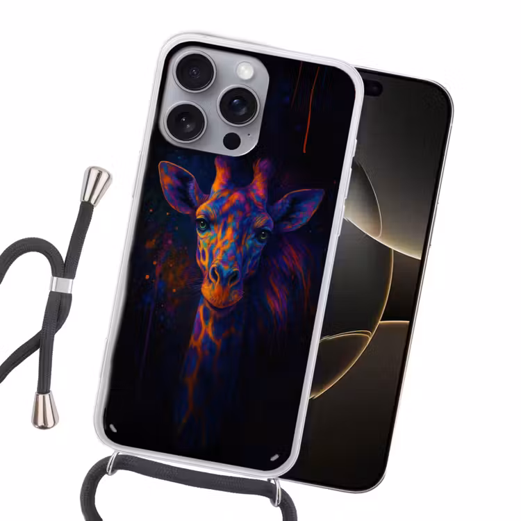 Giraffe - Gekleurd - Verfspatten Hoesje iPhone 16 Pro Max met koord klein -sfeer1