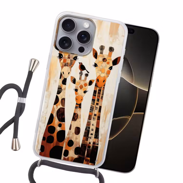 Giraffen - Cartoon - Crème Hoesje iPhone 16 Pro Max met koord klein -sfeer1