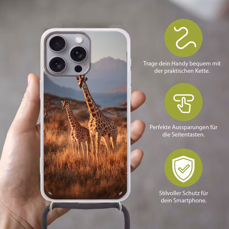 Giraffen - Hoog gras - Acaciabomen Hoesje iPhone 16 Pro Max met koord klein -sfeer2_DE