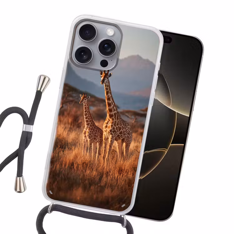 Giraffen - Hoog gras - Acaciabomen Hoesje iPhone 16 Pro Max met koord klein -sfeer1