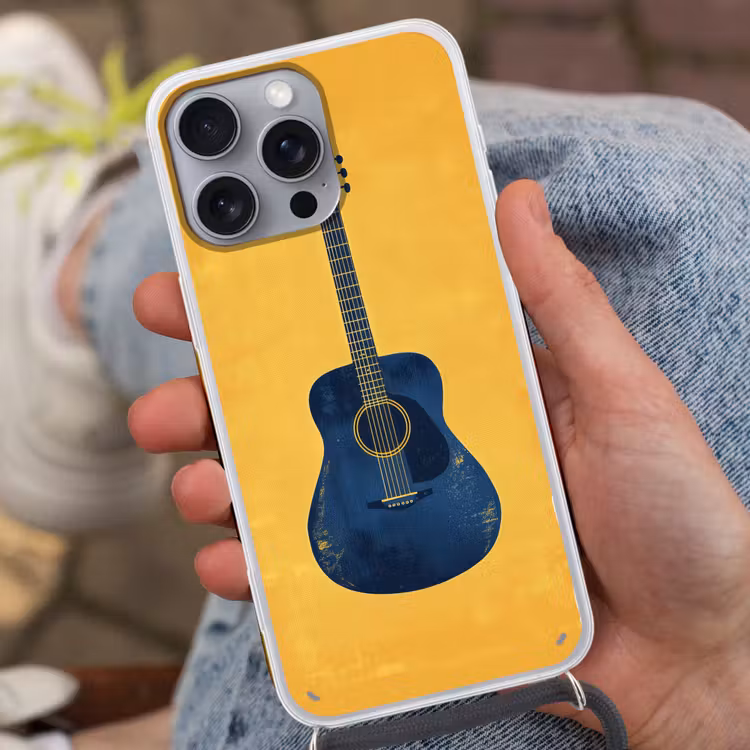 Gitaar - Akoestisch - Geel - Minimalistisch Hoesje iPhone 16 Pro Max met koord klein -sfeer3
