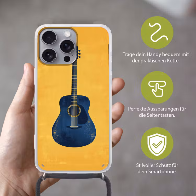 Gitaar - Akoestisch - Geel - Minimalistisch Hoesje iPhone 16 Pro Max met koord klein -sfeer2_DE