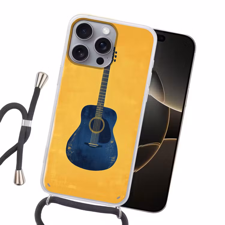 Gitaar - Akoestisch - Geel - Minimalistisch Hoesje iPhone 16 Pro Max met koord klein -sfeer1