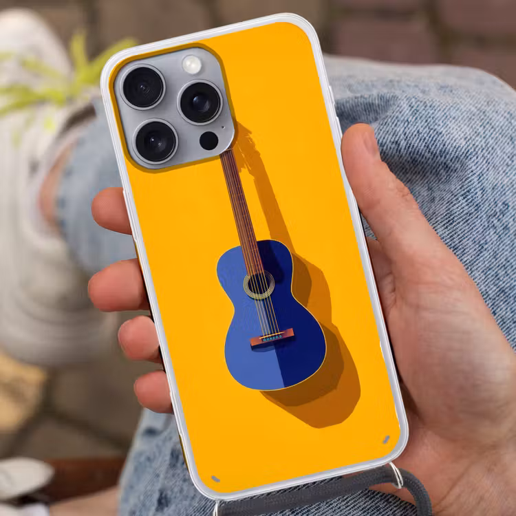 Gitaar - Akoestisch - Minimalistisch - Geel Hoesje iPhone 16 Pro Max met koord klein -sfeer3