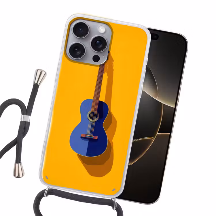 Gitaar - Akoestisch - Minimalistisch - Geel Hoesje iPhone 16 Pro Max met koord klein -sfeer1