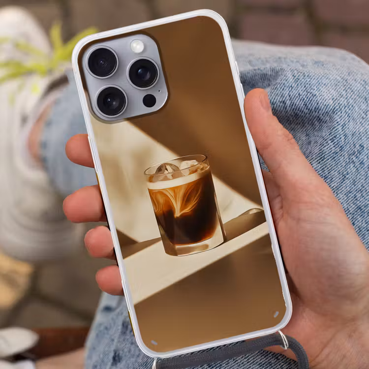Glas - Ijskoffie - Schaduw - Bruin Hoesje iPhone 16 Pro Max met koord klein -sfeer3