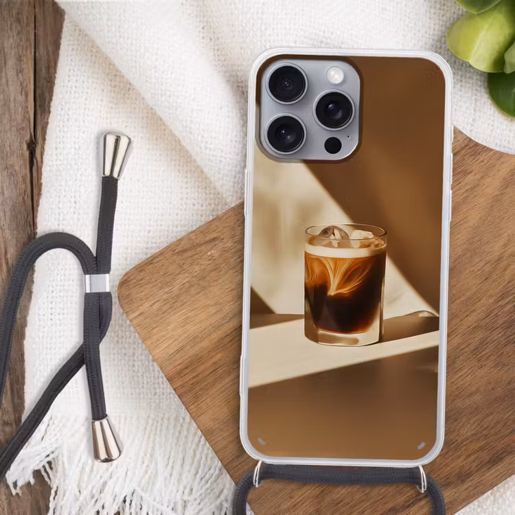 Glas - Ijskoffie - Schaduw - Bruin Hoesje iPhone 16 Pro Max met koord klein -sfeer4