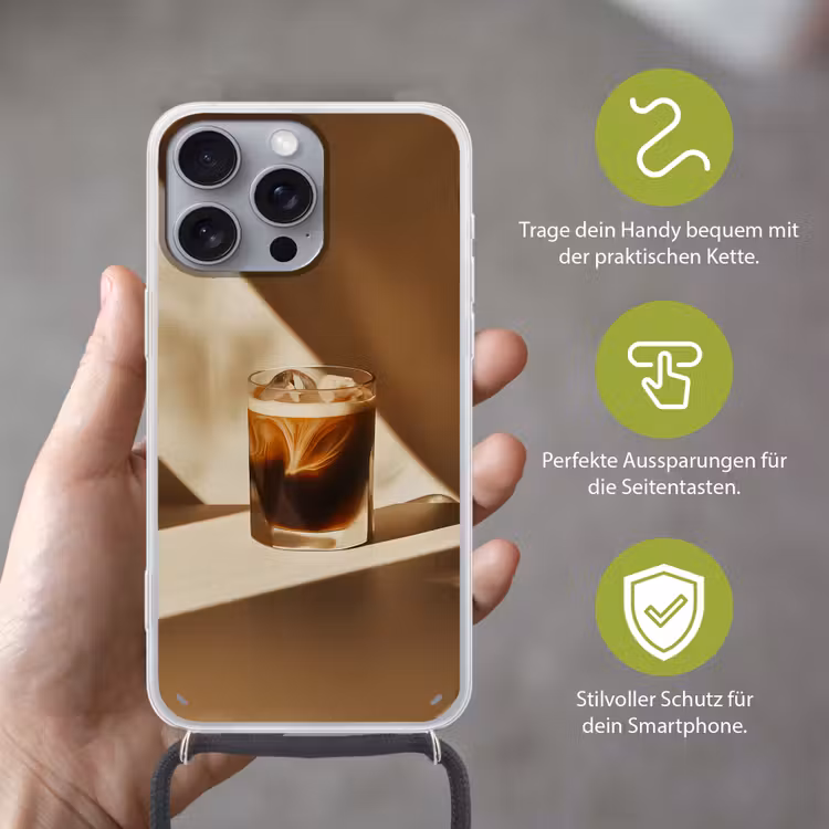Glas - Ijskoffie - Schaduw - Bruin Hoesje iPhone 16 Pro Max met koord klein -sfeer2_DE