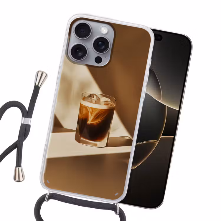 Glas - Ijskoffie - Schaduw - Bruin Hoesje iPhone 16 Pro Max met koord klein -sfeer1