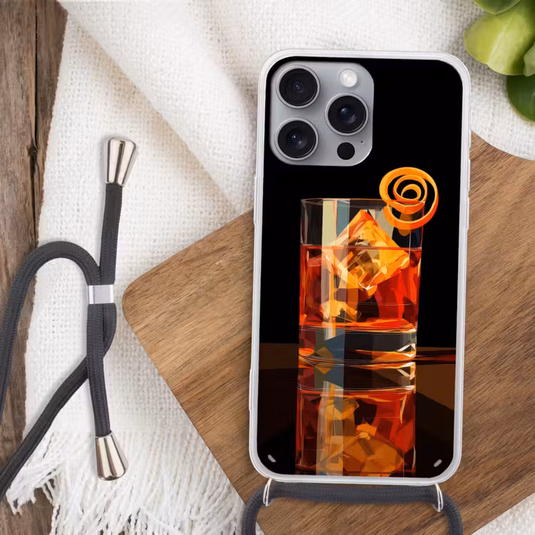 Glas - Ijsblokjes - Drinken - Bruin Hoesje iPhone 16 Pro Max met koord klein -sfeer4