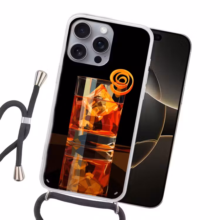 Glas - Ijsblokjes - Drinken - Bruin Hoesje iPhone 16 Pro Max met koord klein -sfeer1