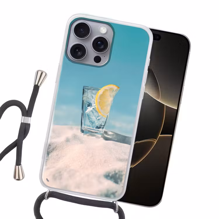 Glas - ijsblokjes - Citroen Hoesje iPhone 16 Pro Max met koord klein -sfeer1
