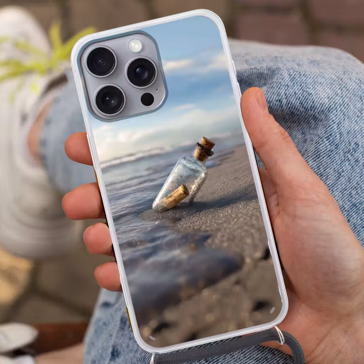 Glazenfles - Post - Zee - Zand Hoesje iPhone 16 Pro Max met koord klein -sfeer3