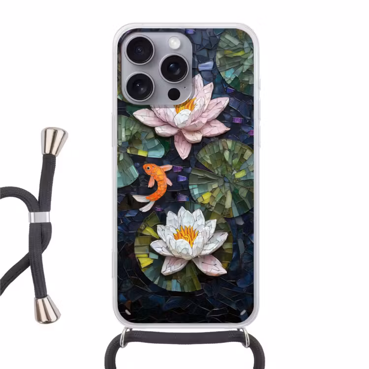 Glasstukjes - Leliebladeren - Vis - Oranje Hoesje iPhone 16 Pro Max met koord klein -3d