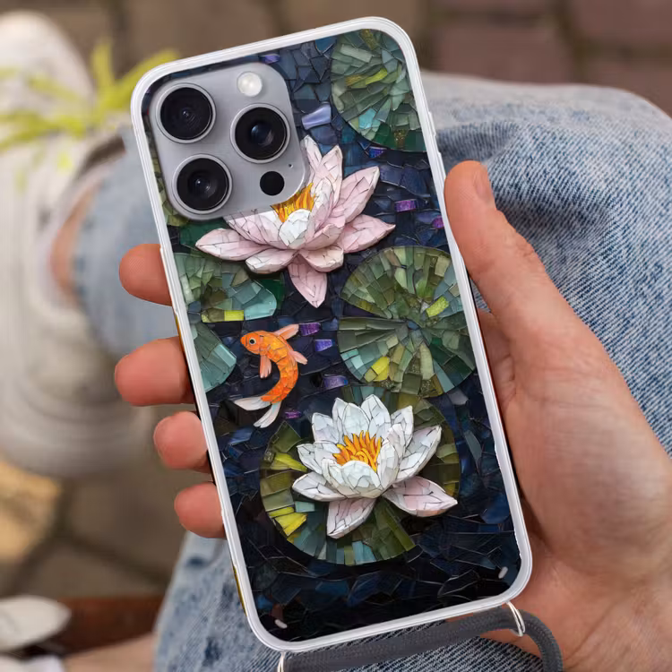 Glasstukjes - Leliebladeren - Vis - Oranje Hoesje iPhone 16 Pro Max met koord klein -sfeer3