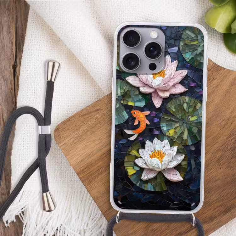 Glasstukjes - Leliebladeren - Vis - Oranje Hoesje iPhone 16 Pro Max met koord klein -sfeer4
