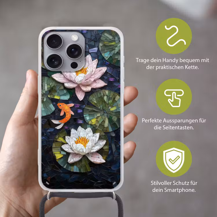Glasstukjes - Leliebladeren - Vis - Oranje Hoesje iPhone 16 Pro Max met koord klein -sfeer2_DE