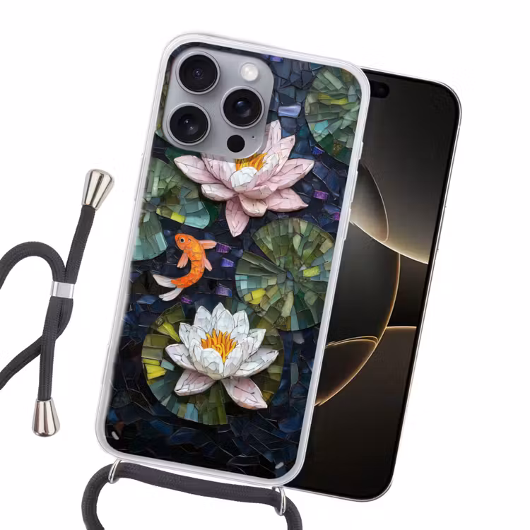 Glasstukjes - Leliebladeren - Vis - Oranje Hoesje iPhone 16 Pro Max met koord klein -sfeer1