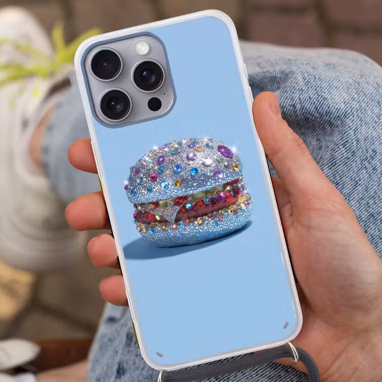 Glitters - Hamburger - Blauw Hoesje iPhone 16 Pro Max met koord klein -sfeer3