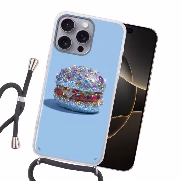 Glitters - Hamburger - Blauw Hoesje iPhone 16 Pro Max met koord klein -sfeer1