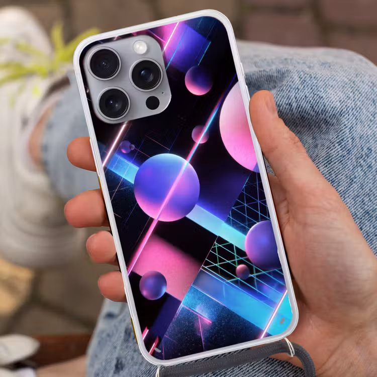 Bollen - Neon - Lijnen - Roze Hoesje iPhone 16 Pro Max met koord klein -sfeer3