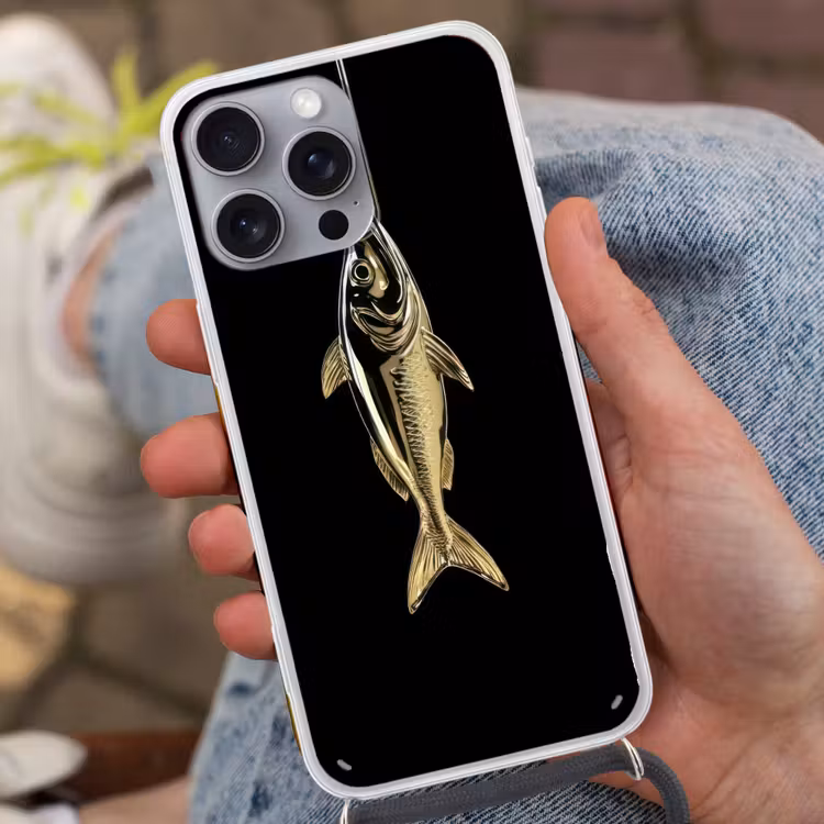 Goud - Vis - Haak - Zwart Hoesje iPhone 16 Pro Max met koord klein -sfeer3