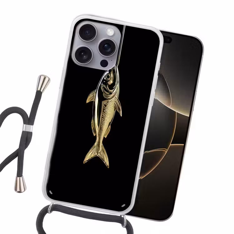 Goud - Vis - Haak - Zwart Hoesje iPhone 16 Pro Max met koord klein -sfeer1